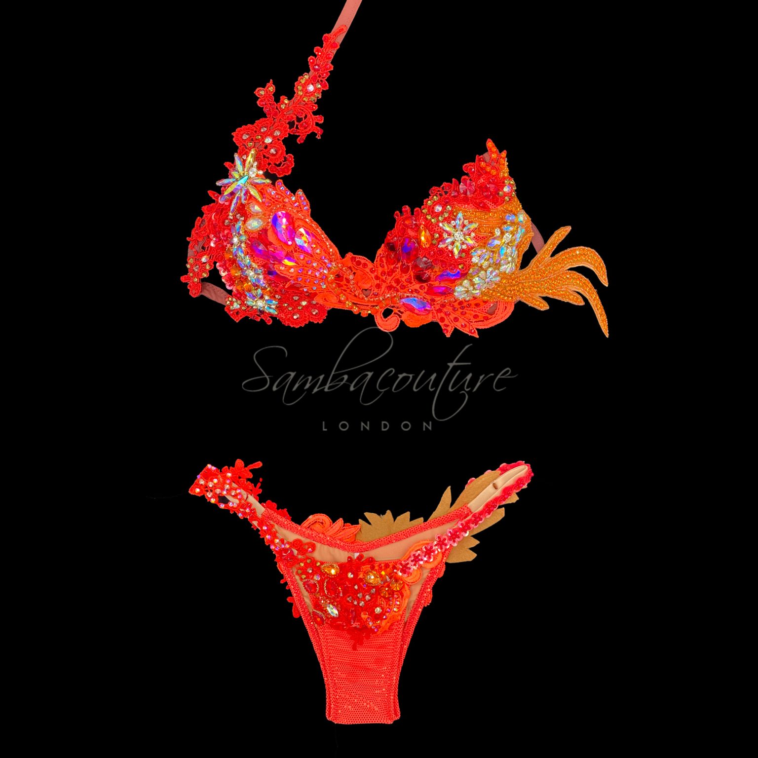 SambaCouture red orange WBFF posing suit